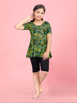 Aarika - Girls Green Printed Nylon Swim Suit
