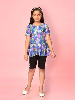 Aarika - Girls Blue Nylon Floral Printed Swim Suit