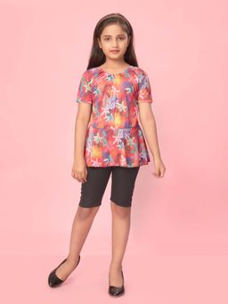 Aarika - Girls Red Nylon Floral Printed Swim Suit