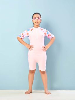 Aarika - Girls Pink Colour Floral Print Nylon Swim Suit