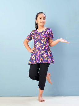 Aarika - Girls Purple Floral Print Nylon Swim Suit