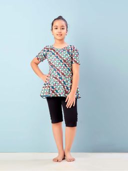 Aarika - Girls Green Checks Print Nylon Swim Suit