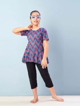 Aarika - Girls Blue Printed Nylon Swim Suit