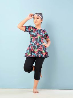 Aarika - Girls Black Printed Nylon Swim Suit