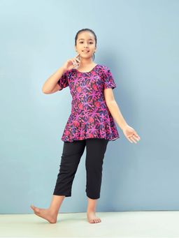 Aarika - Girls Pink Floral Print Nylon Swim Suit