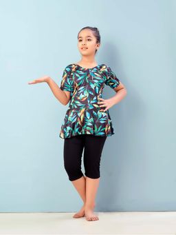 Aarika - Girls Green Floral Print Nylon Swim Suit