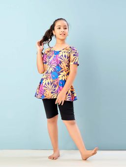 Aarika - Girls Purple Floral Print Nylon Swim Suit