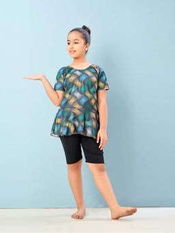 Aarika - Girls Green Printed Nylon Swim Suit