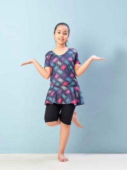 Aarika - Girls Grey Printed Nylon Swim Suit