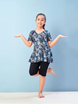 Aarika - Girls Blue Leaf Print Nylon Swim Suit