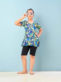 Aarika - Girls Purple Floral Print Nylon Swim Suit with Goggle