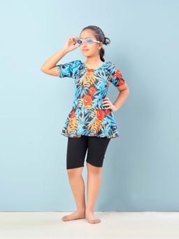 Aarika - Girls Blue Floral Print Nylon Swim Suit with Goggle