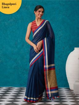 Likha - Navy Blue Linen Zari Blend Bhagalpuri Saree with Unstitched Blouse