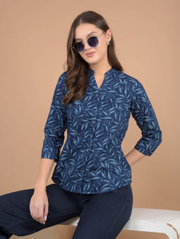 CRIMSOUNE CLUB - Navy Blue Floral Slim Fit Shirt