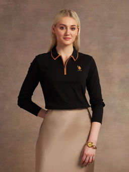 U.S. POLO ASSN. - Black Self Design Polo T-Shirt