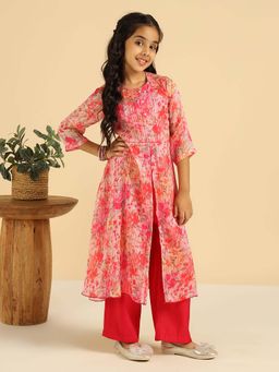 Bugandbees - Magenta Floral Lurex Georgette Floral Printed Kurta and Pant