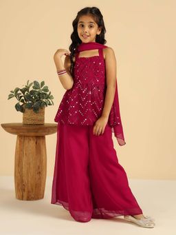 Bugandbees - Magenta Embroidered Georgette Kurti and Palazzo with Dupatta