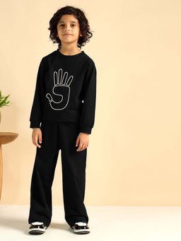 Bugandbees - Black Cotton Knit Embroidered Co-Ord Set For Boys