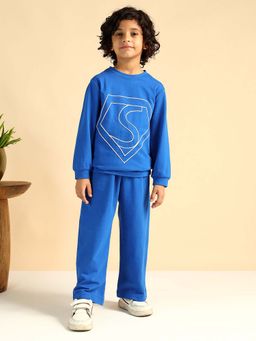 Bugandbees - Electric Blue Cotton Knit Superman Embroidered Co-Ord Set For Boys