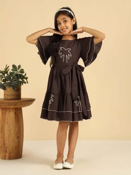 Bugandbees - Brown Embroidered Palm Motif Cotton Girl Dress with Belt