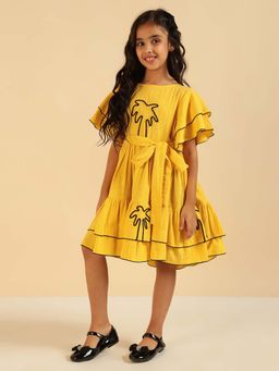 Bugandbees - Yellow Embroidered Palm Motif Cotton Gauze Girl Dress with Belt