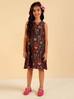 Bugandbees - Brown Multi-Color Floral Panel Girl Dress