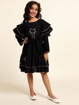 Bugandbees - Full Sleeves Black Embroidered Palm Motif Cotton Girl Dress