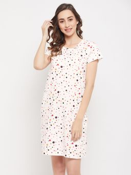 Clovia - Polka Print Short Nightdress in White Pure Cotton