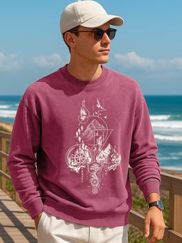Bewakoof - Men Terry Crew Neck Graphic Mauve Sweatshirt
