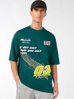 Bewakoof - Men's Dark Sea Green Pure Moto Graphic Printed Oversized T-Shirt