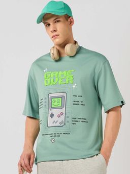 Bewakoof - Men's Granite Green Game Over Graphic Printed Oversized T-Shirt