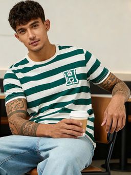 Bewakoof - Marvel Hulk Men's Green and Off White Striped T-Shirt