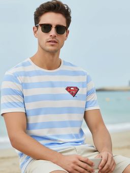 Bewakoof - Dc Superman Men's Light Blue and White Striped T-Shirt