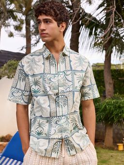 Bewakoof - Men's Grey And Off White All Over Printed Oversized Shirt