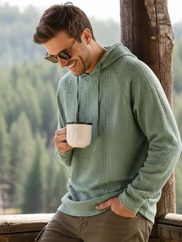 Bewakoof - Men Lace Hooded Textured Green Hoodie