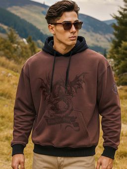 Bewakoof - Men Fleece Hooded Graphic Brown Hoodie