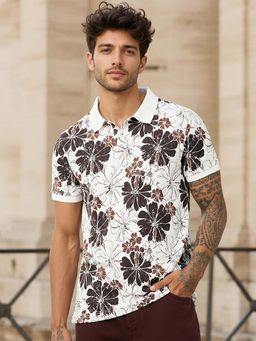 Bewakoof - Men's White and Chocolate Brown All Over Printed Polo T-Shirt