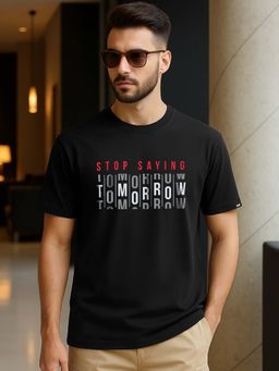 Bewakoof - Men's Jet Black Stop Saying Tomorrow Typography T-Shirt