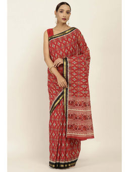 Soch - Maroon Silk Cotton Batik Printed Saree with Unstitched