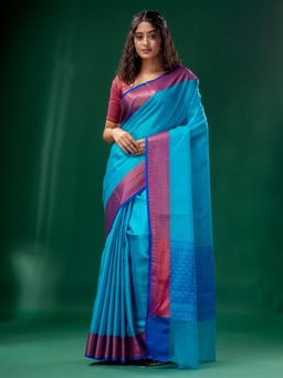 CHARUKRITI - Blue Organza Handwoven Soft Saree with Checks Design with Unstitched Blouse
