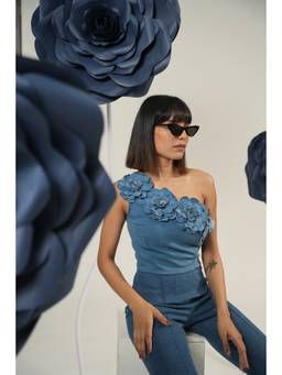 Weaving Cult - Blue Bloom One-Shoulder Denim Crop Top