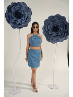 Weaving Cult - Blue Denim Bloom Halter Crop Top