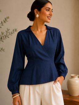 MEGASA - Navy Blue Elara Wrap Peplum Top