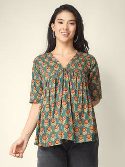 SPARSA - Green Printed Half-Sleeve Alia-Cut Cotton Top