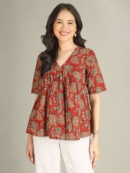SPARSA - Maroon Printed Half-Sleeve Alia-Cut Cotton Top