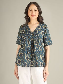 SPARSA - Teal Blue Printed Half-Sleeve Alia-Cut Cotton Top