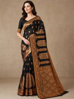 Nyri - Womens Black Chanderi Silk Cotton Copper Zari Woven Saree with Blouse Piece