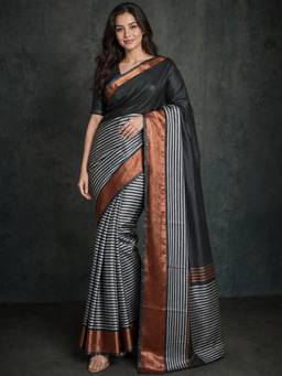 Nyri - Womens Black Art Silk Striped Saree with Copper Woven Border & Blouse Piece