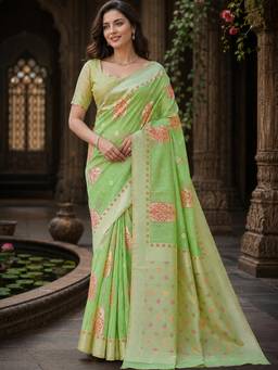 Nyri - Womens Light Green Banarasi Linen Blend Zari Woven Ethnic Motif Saree with Blouse Piece