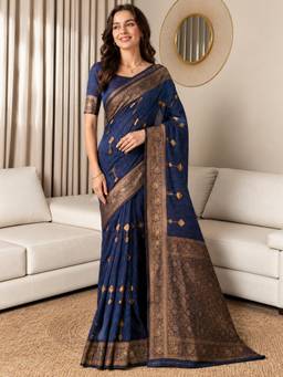 Nyri - Navy Blue Banarasi Linen Blend Golden Woven Motif Zari Border Saree with Blouse Piece